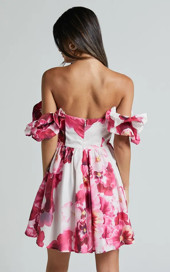 Showpo Cheryl Mini Dress 8211 Off The Shoulder Sweetheart Flare In Fiesta Floral Pink Women Dresses