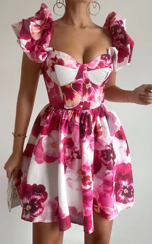 Showpo Cheryl Mini Dress 8211 Off The Shoulder Sweetheart Flare In Fiesta Floral Pink Women Dresses