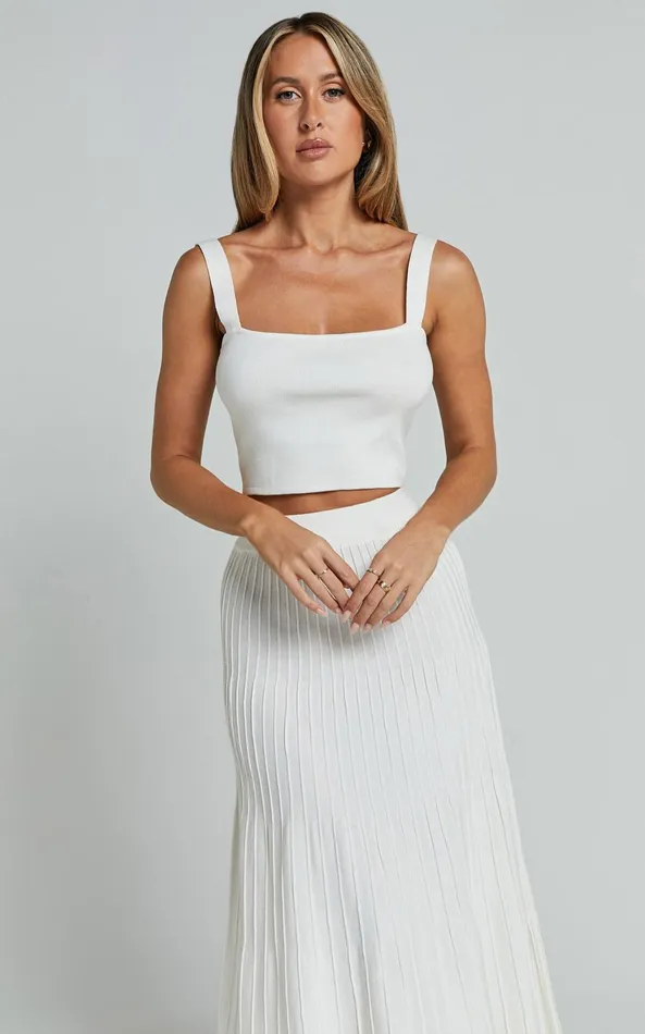 Showpo Cherylene Two Piece Set 8211 Knitted Square Neck Crop Top And Midi Skirt Set In Off White Women Two Piece Sets and Coords