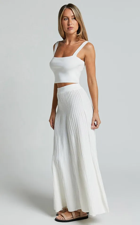 Showpo Cherylene Two Piece Set 8211 Knitted Square Neck Crop Top And Midi Skirt Set In Off White Women Two Piece Sets and Coords