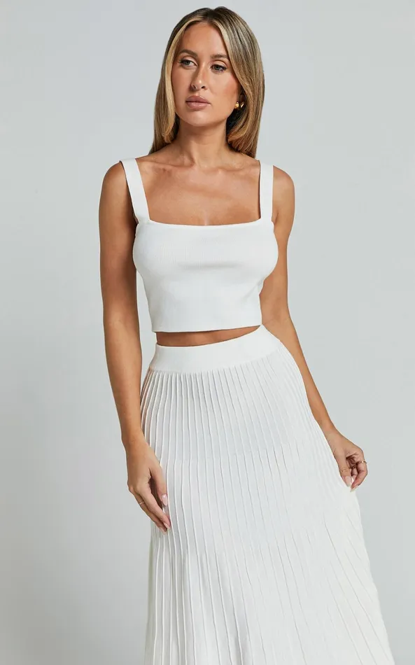 Showpo Cherylene Two Piece Set 8211 Knitted Square Neck Crop Top And Midi Skirt Set In Off White Women Two Piece Sets and Coords