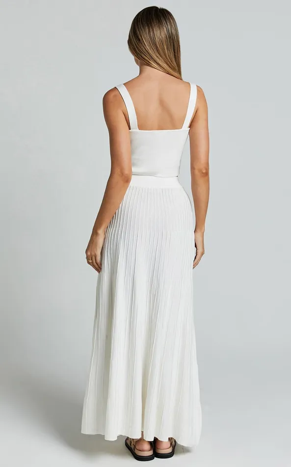 Showpo Cherylene Two Piece Set 8211 Knitted Square Neck Crop Top And Midi Skirt Set In Off White Women Two Piece Sets and Coords