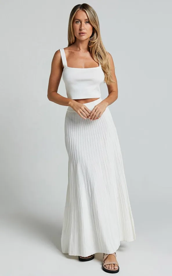 Showpo Cherylene Two Piece Set 8211 Knitted Square Neck Crop Top And Midi Skirt Set In Off White Women Two Piece Sets and Coords