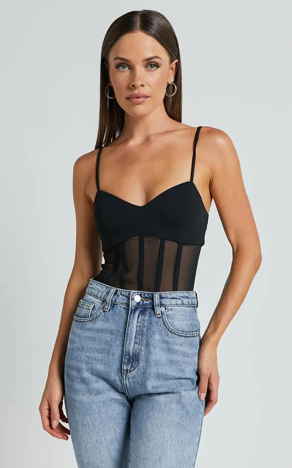 Showpo Cheryth Bodysuit 8211 V Neck Strappy Sheer Corset Bodysuit In Black Women Tops Showpo Cheryth Bodysuit 8211 V Neck Strappy Sheer Corset Bodysuit In Black Women Tops