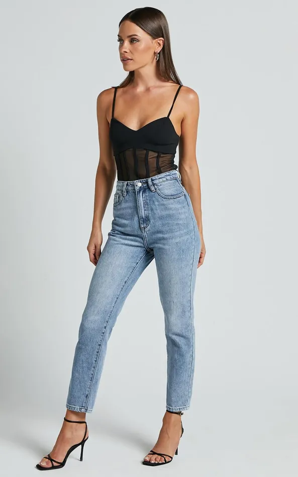 Showpo Cheryth Bodysuit 8211 V Neck Strappy Sheer Corset Bodysuit In Black Women Tops