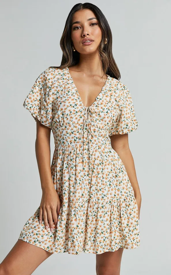 Showpo Chetana Mini Dress 8211 Tie Front Short Sleeve Tiered Dress In White And Yellow Floral Women Dresses Showpo Chetana Mini Dress 8211 Tie Front Short Sleeve Tiered Dress In White And Yellow Floral Women Dresses