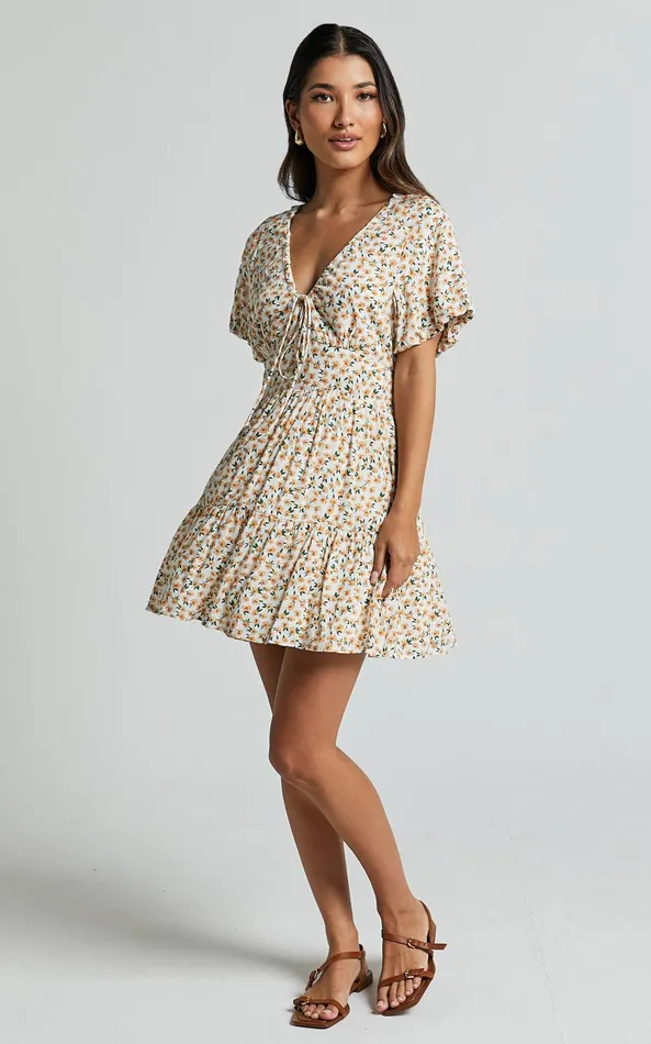 Showpo Chetana Mini Dress 8211 Tie Front Short Sleeve Tiered Dress In White And Yellow Floral Women Dresses
