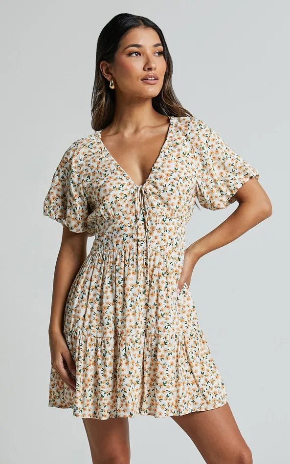 Showpo Chetana Mini Dress 8211 Tie Front Short Sleeve Tiered Dress In White And Yellow Floral Women Dresses