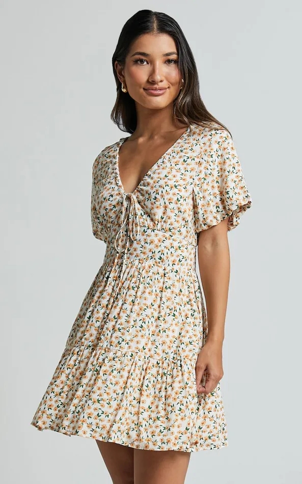 Showpo Chetana Mini Dress 8211 Tie Front Short Sleeve Tiered Dress In White And Yellow Floral Women Dresses