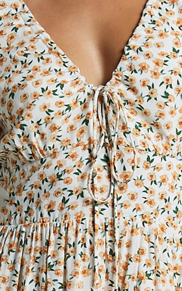 Showpo Chetana Mini Dress 8211 Tie Front Short Sleeve Tiered Dress In White And Yellow Floral Women Dresses