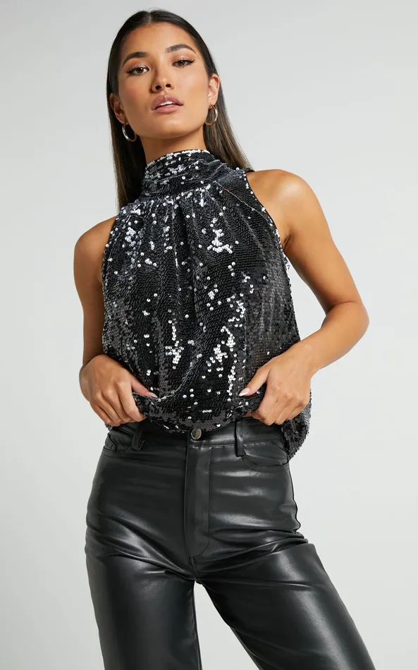 Showpo Chey Sequin Top 8211 High Neck Sleeveless Sequin Top In Black Women Tops Showpo Chey Sequin Top 8211 High Neck Sleeveless Sequin Top In Black Women Tops