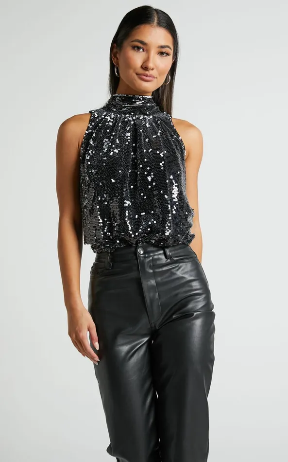 Showpo Chey Sequin Top 8211 High Neck Sleeveless Sequin Top In Black Women Tops