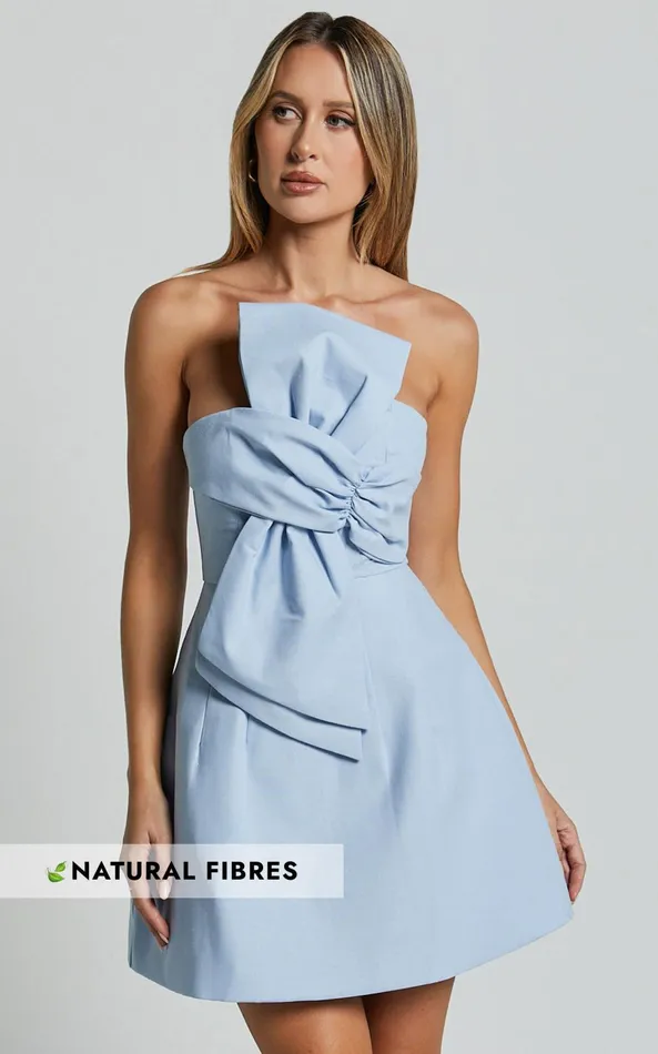 Showpo Chika Mini Dress 8211 Linen Look Strapless Front Bow Dress In Pale Blue Women Dresses Showpo Chika Mini Dress 8211 Linen Look Strapless Front Bow Dress In Pale Blue Women Dresses