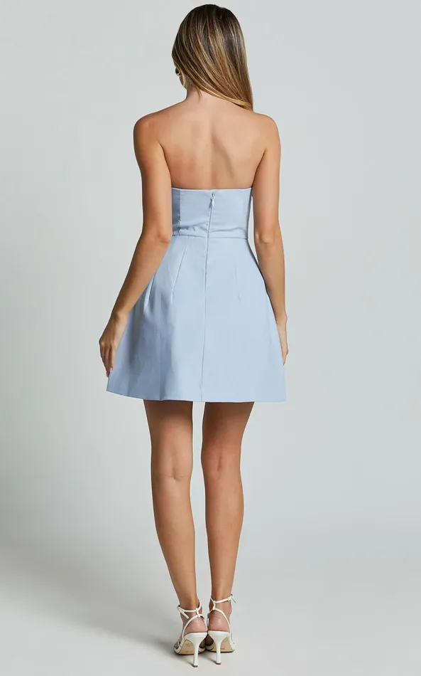 Showpo Chika Mini Dress 8211 Linen Look Strapless Front Bow Dress In Pale Blue Women Dresses