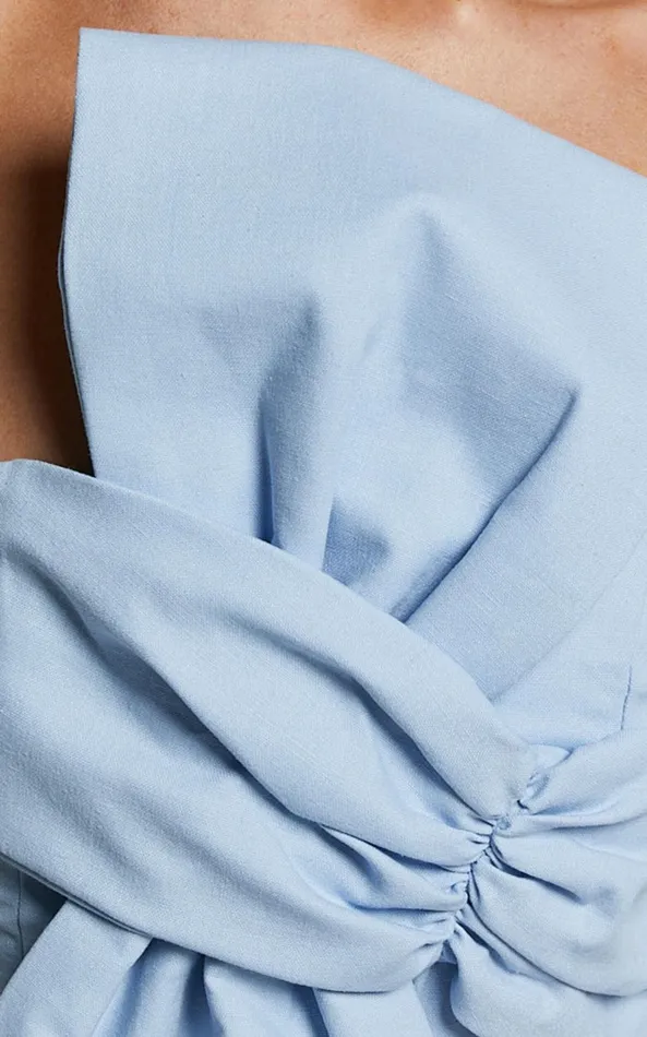 Showpo Chika Mini Dress 8211 Linen Look Strapless Front Bow Dress In Pale Blue Women Dresses