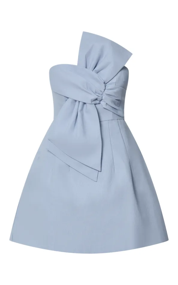 Showpo Chika Mini Dress 8211 Linen Look Strapless Front Bow Dress In Pale Blue Women Dresses