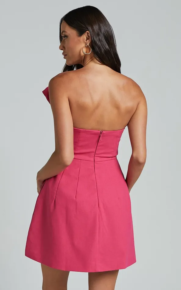Showpo Chika Mini Dress 8211 Linen Look Strapless Front Bow Dress In Peony Pink Women Dresses