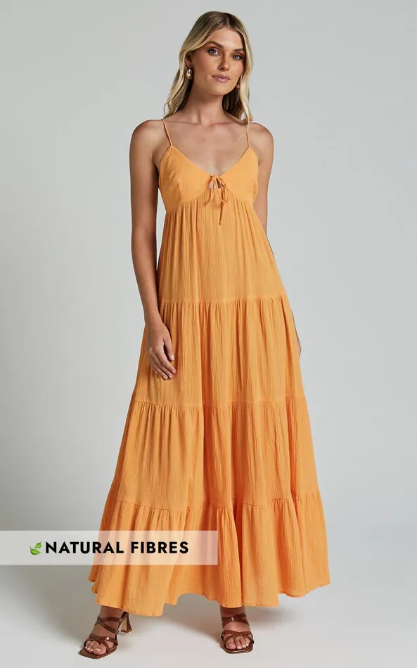 Showpo Chila Maxi Dress 8211 Strappy Tie Front Low Back Tiered In Papaya Orange Women Dresses Showpo Chila Maxi Dress 8211 Strappy Tie Front Low Back Tiered In Papaya Orange Women Dresses