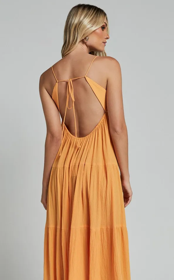 Showpo Chila Maxi Dress 8211 Strappy Tie Front Low Back Tiered In Papaya Orange Women Dresses