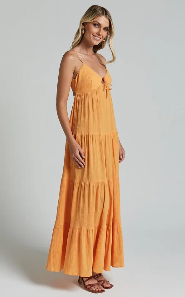 Showpo Chila Maxi Dress 8211 Strappy Tie Front Low Back Tiered In Papaya Orange Women Dresses