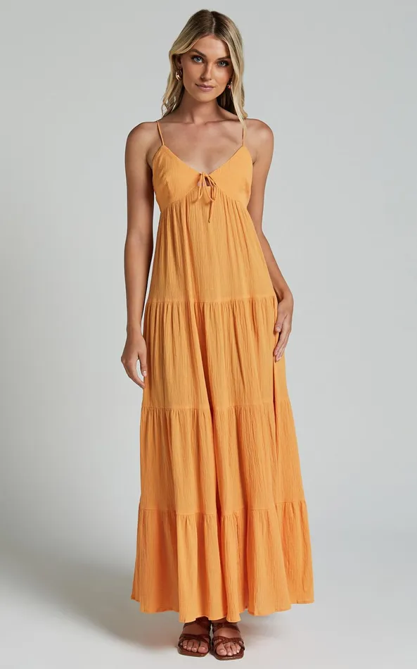 Showpo Chila Maxi Dress 8211 Strappy Tie Front Low Back Tiered In Papaya Orange Women Dresses