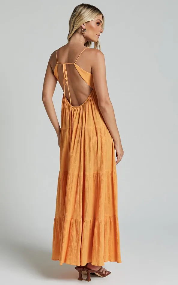 Showpo Chila Maxi Dress 8211 Strappy Tie Front Low Back Tiered In Papaya Orange Women Dresses