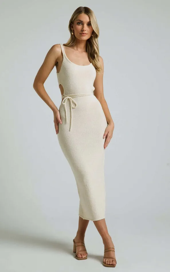 Showpo Chilie Midi Dress 8211 Scoop Neck Cut Out Detail Sleeveless Bodycon Knit In Natural Women Dresses Showpo Chilie Midi Dress 8211 Scoop Neck Cut Out Detail Sleeveless Bodycon Knit In Natural Women Dresses