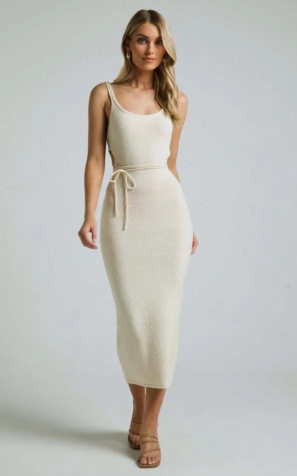 Showpo Chilie Midi Dress 8211 Scoop Neck Cut Out Detail Sleeveless Bodycon Knit In Natural Women Dresses