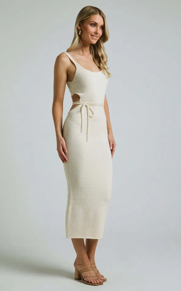 Showpo Chilie Midi Dress 8211 Scoop Neck Cut Out Detail Sleeveless Bodycon Knit In Natural Women Dresses