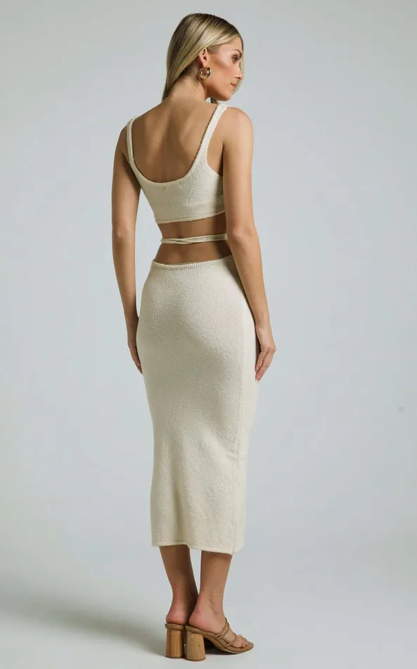 Showpo Chilie Midi Dress 8211 Scoop Neck Cut Out Detail Sleeveless Bodycon Knit In Natural Women Dresses