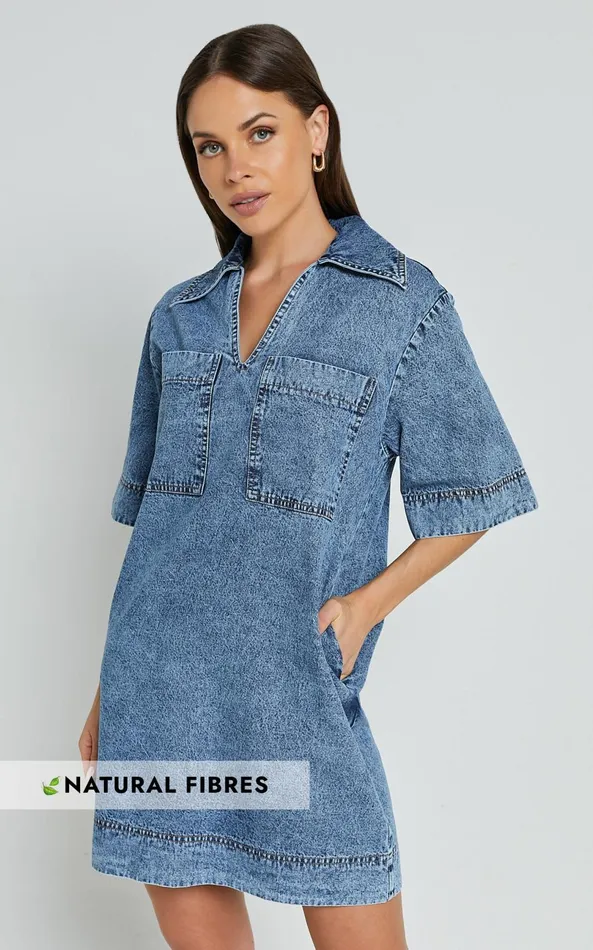 Showpo Chinlie Dress 8211 Open Collar Pocket Detail Denim Mini Dress In Mid Blue Acid Wash Women Dresses Showpo Chinlie Dress 8211 Open Collar Pocket Detail Denim Mini Dress In Mid Blue Acid Wash Women Dresses