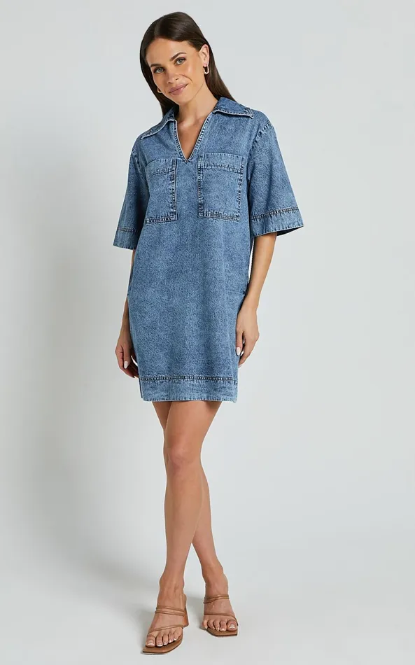 Showpo Chinlie Dress 8211 Open Collar Pocket Detail Denim Mini Dress In Mid Blue Acid Wash Women Dresses