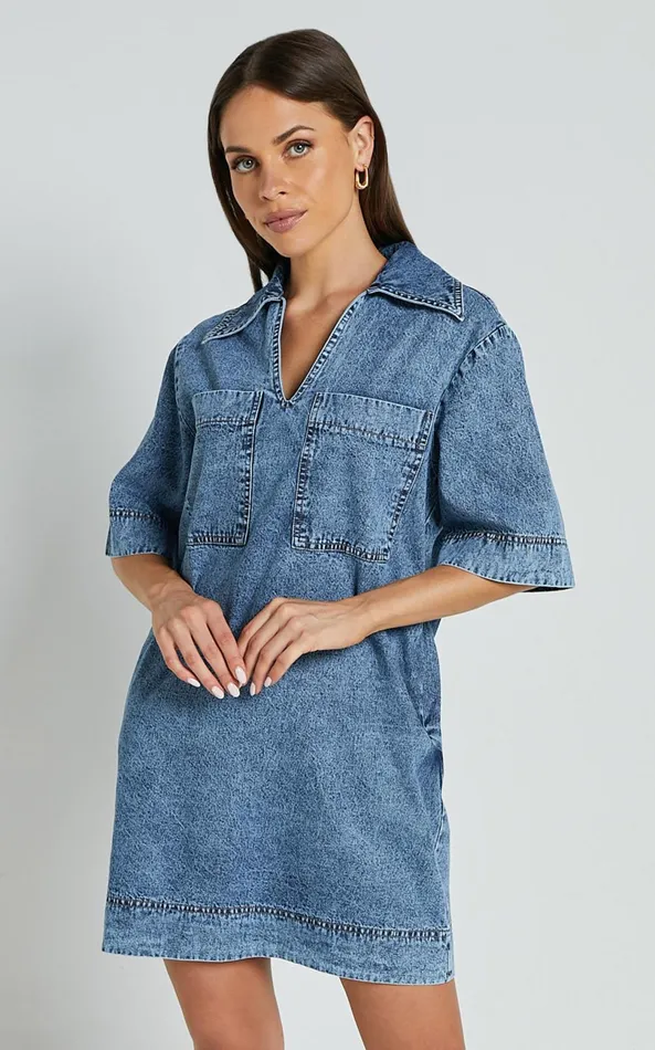 Showpo Chinlie Dress 8211 Open Collar Pocket Detail Denim Mini Dress In Mid Blue Acid Wash Women Dresses