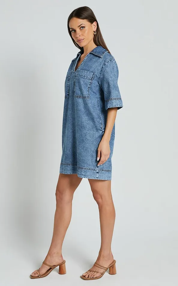 Showpo Chinlie Dress 8211 Open Collar Pocket Detail Denim Mini Dress In Mid Blue Acid Wash Women Dresses