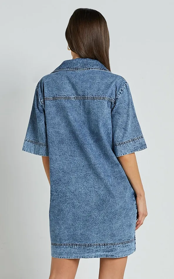 Showpo Chinlie Dress 8211 Open Collar Pocket Detail Denim Mini Dress In Mid Blue Acid Wash Women Dresses