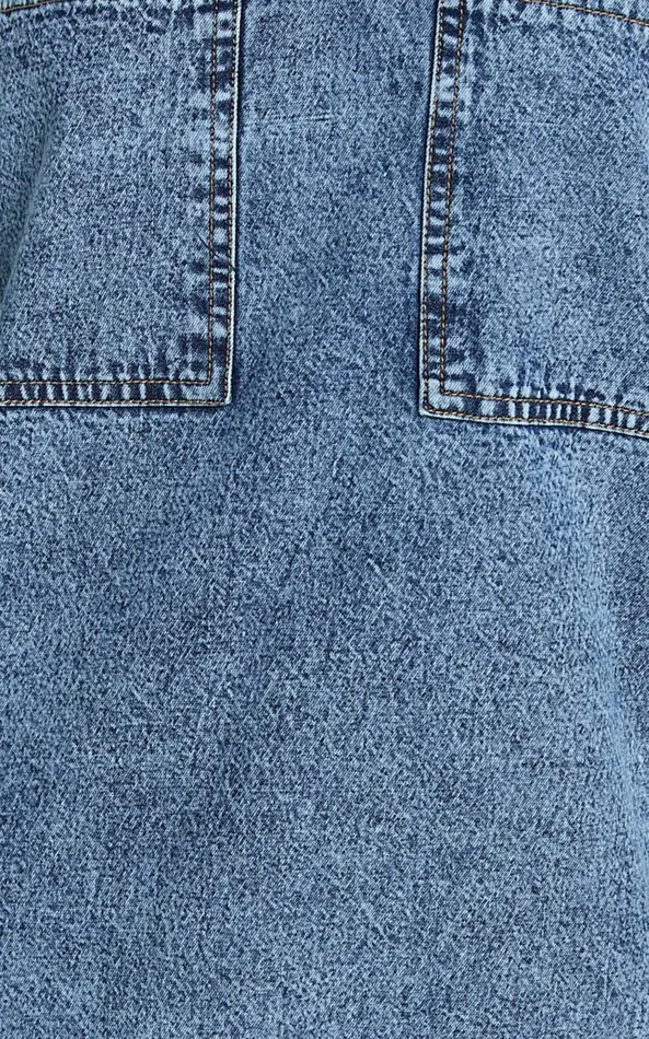Showpo Chinlie Dress 8211 Open Collar Pocket Detail Denim Mini Dress In Mid Blue Acid Wash Women Dresses