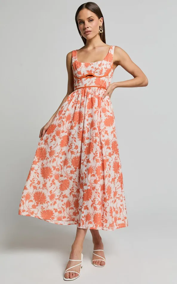 Showpo Chira Midi Dress 8211 Front Cut Out Thigh Split Dress In Orange Floral Women Dresses Showpo Chira Midi Dress 8211 Front Cut Out Thigh Split Dress In Orange Floral Women Dresses