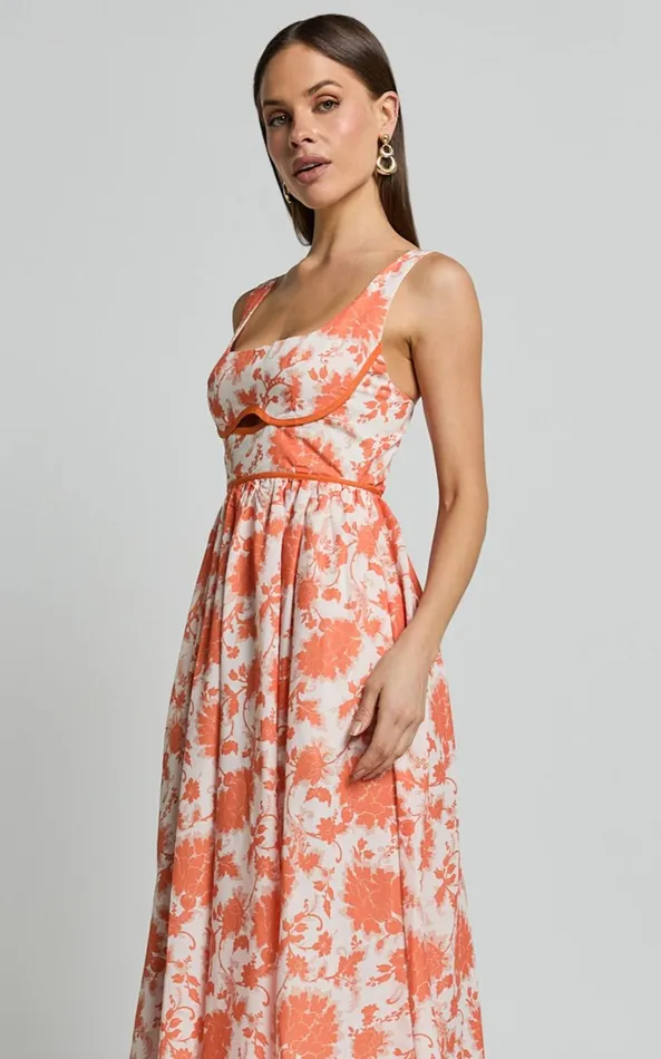 Showpo Chira Midi Dress 8211 Front Cut Out Thigh Split Dress In Orange Floral Women Dresses