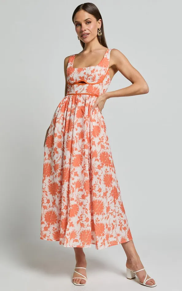 Showpo Chira Midi Dress 8211 Front Cut Out Thigh Split Dress In Orange Floral Women Dresses