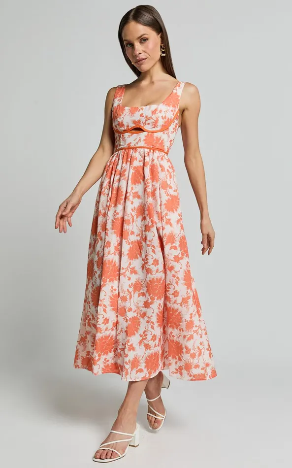 Showpo Chira Midi Dress 8211 Front Cut Out Thigh Split Dress In Orange Floral Women Dresses