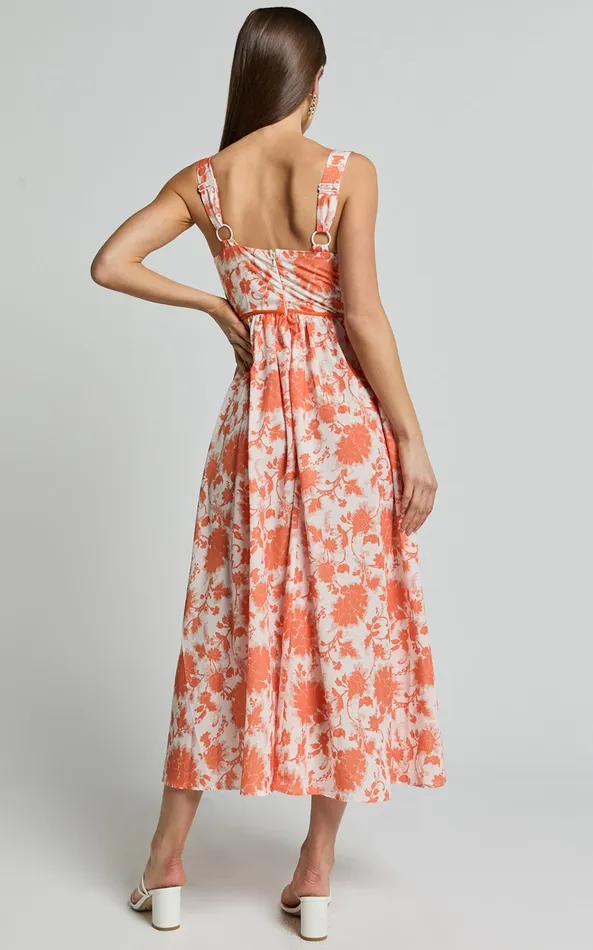 Showpo Chira Midi Dress 8211 Front Cut Out Thigh Split Dress In Orange Floral Women Dresses