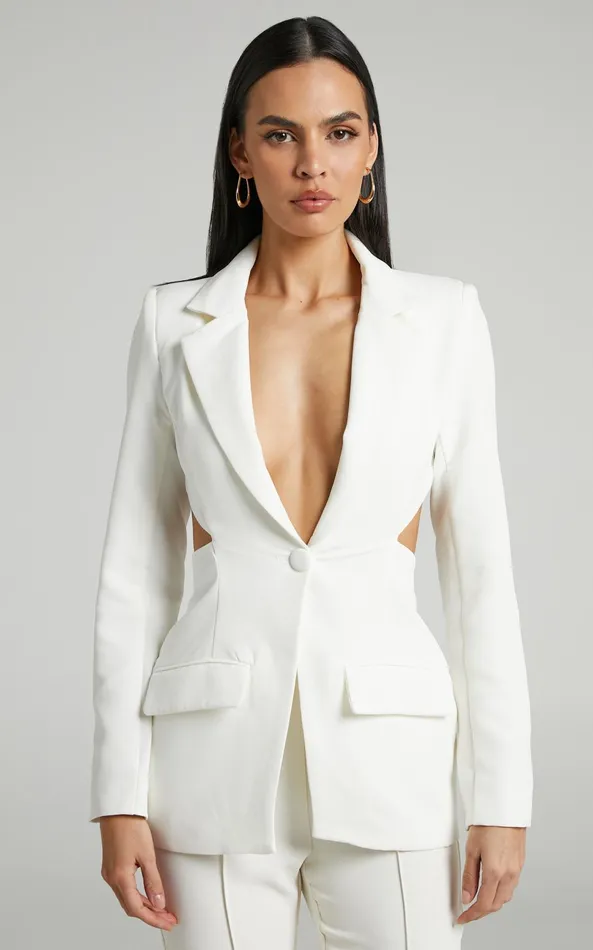 Showpo Chona Blazer 8211 Tailored Hourglass Cut Out Blazer In White Women Jackets and Coats Showpo Chona Blazer 8211 Tailored Hourglass Cut Out Blazer In White Women Jackets and Coats
