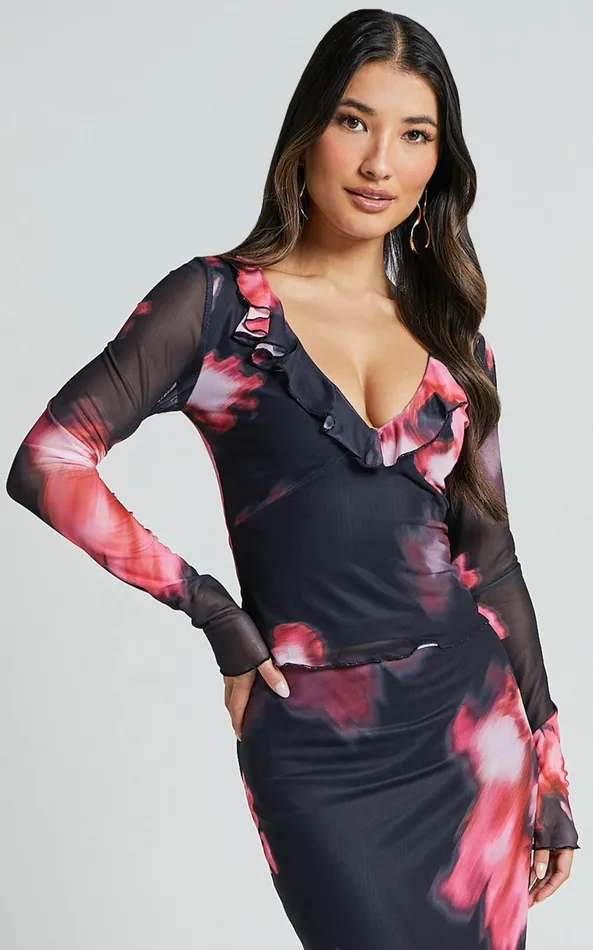 Showpo Chrishelle Top 8211 Long Sleeve Frill Detail Mesh Top In Daze Print Women Tops Showpo Chrishelle Top 8211 Long Sleeve Frill Detail Mesh Top In Daze Print Women Tops