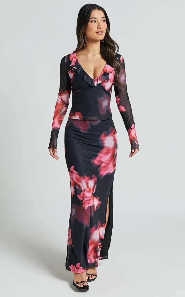 Showpo Chrishelle Top 8211 Long Sleeve Frill Detail Mesh Top In Daze Print Women Tops