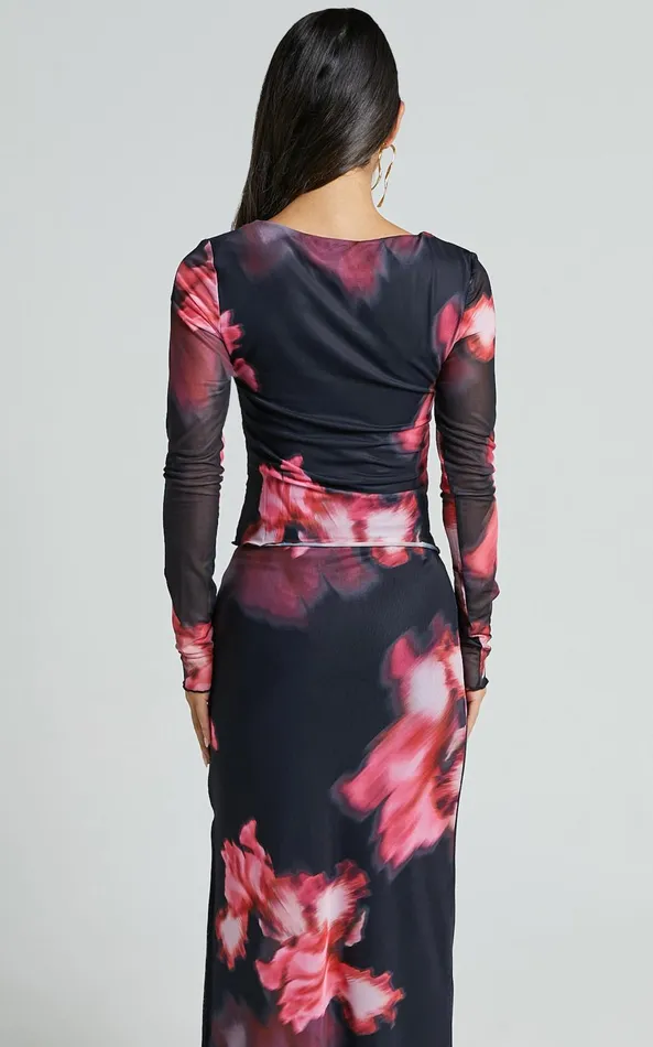 Showpo Chrishelle Top 8211 Long Sleeve Frill Detail Mesh Top In Daze Print Women Tops