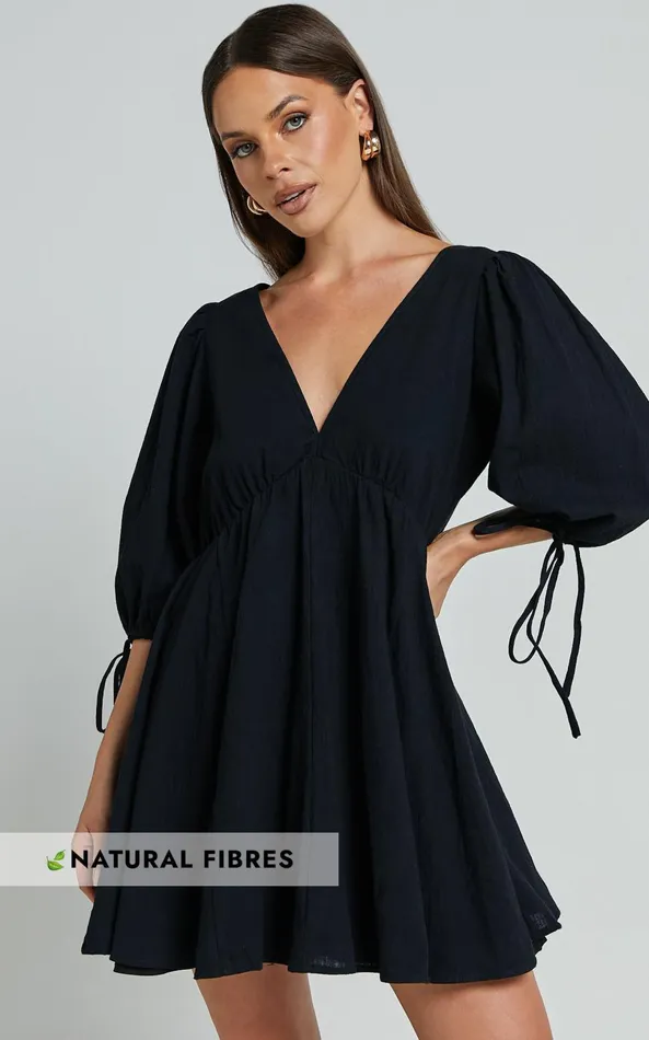 Showpo Chrisie Mini Dress 8211 V Neck Short Balloon Sleeve Tie Back Smock Linen Feel Dress In Black Women Dresses Showpo Chrisie Mini Dress 8211 V Neck Short Balloon Sleeve Tie Back Smock Linen Feel Dress In Black Women Dresses