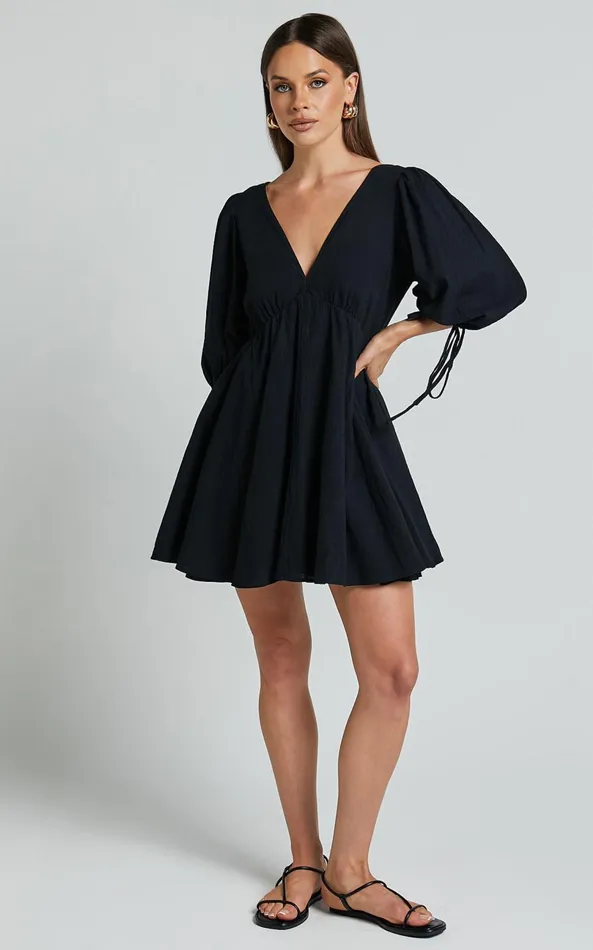 Showpo Chrisie Mini Dress 8211 V Neck Short Balloon Sleeve Tie Back Smock Linen Feel Dress In Black Women Dresses