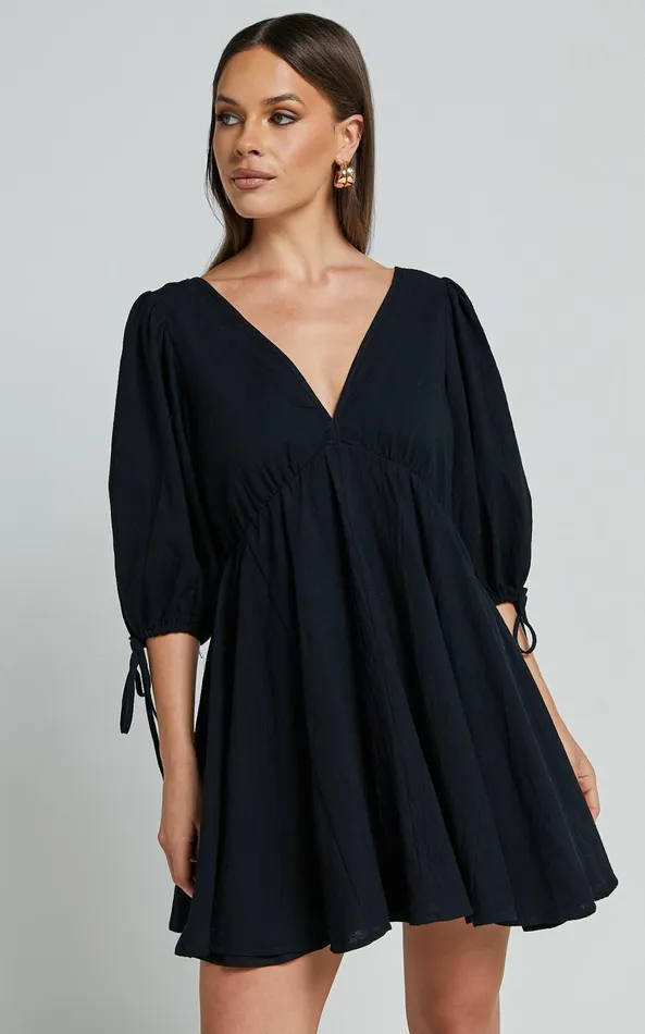 Showpo Chrisie Mini Dress 8211 V Neck Short Balloon Sleeve Tie Back Smock Linen Feel Dress In Black Women Dresses