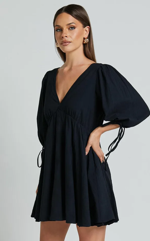 Showpo Chrisie Mini Dress 8211 V Neck Short Balloon Sleeve Tie Back Smock Linen Feel Dress In Black Women Dresses