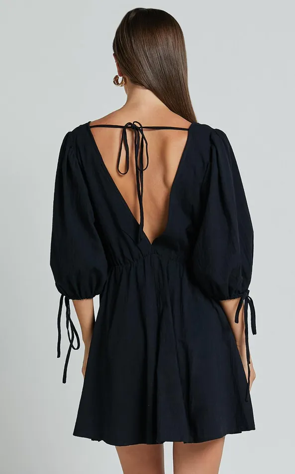 Showpo Chrisie Mini Dress 8211 V Neck Short Balloon Sleeve Tie Back Smock Linen Feel Dress In Black Women Dresses